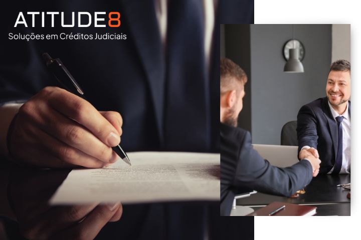 Fotografia realista de equipe de advogados e analistas da Atitude8 reunidos em escritório moderno, analisando documentos de precatórios, paleta azul-marinho e laranja, iluminação natural, ambiente corporativo profissional